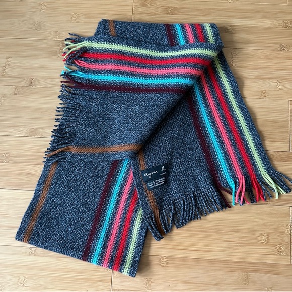 Vintage AGNES B Paris Wool Angora Striped Gray SCARF Knit UNISEX 66 in Scotland - Picture 5 of 8